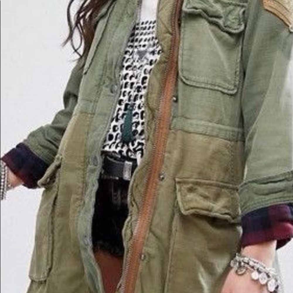 Free People Army Green Colorblock Military Parka Jacket Plaid Lined  M